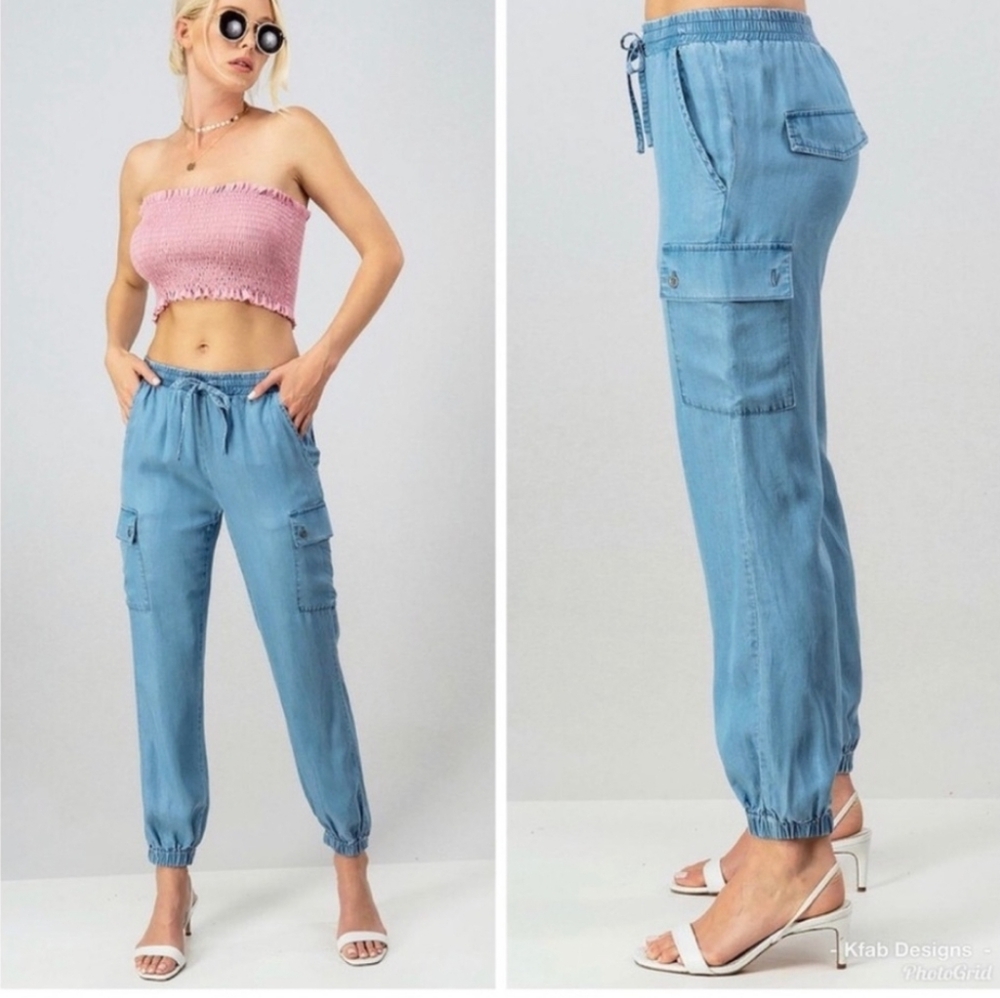 Love Tree Blue Chambray Tencel Cargo Pants W/ Elastic Waistband